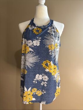 Lavish Denim-Print Tank Top with Yellow Accent